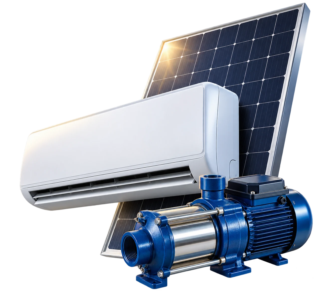Equipo minisplit, panel fotovoltaico y bomba solar